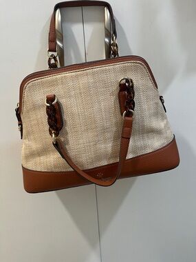 Nanette Lepore Cream and Brown Woven Satchel with Tortoiseshell Accents